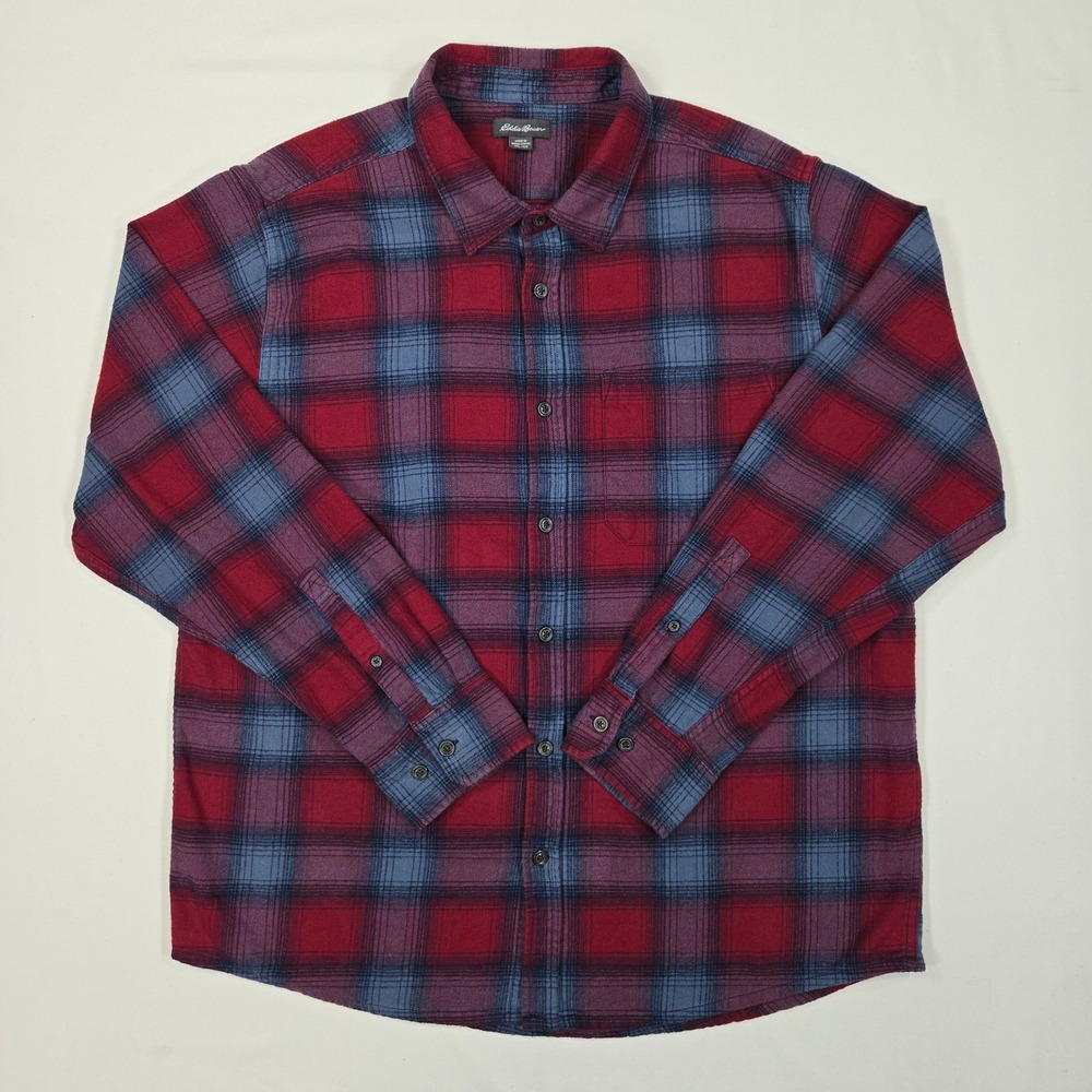 Eddie Bauer Men XXL Red Blue Plaid Flannel Shirt Grunge Oversized Soft Cotton